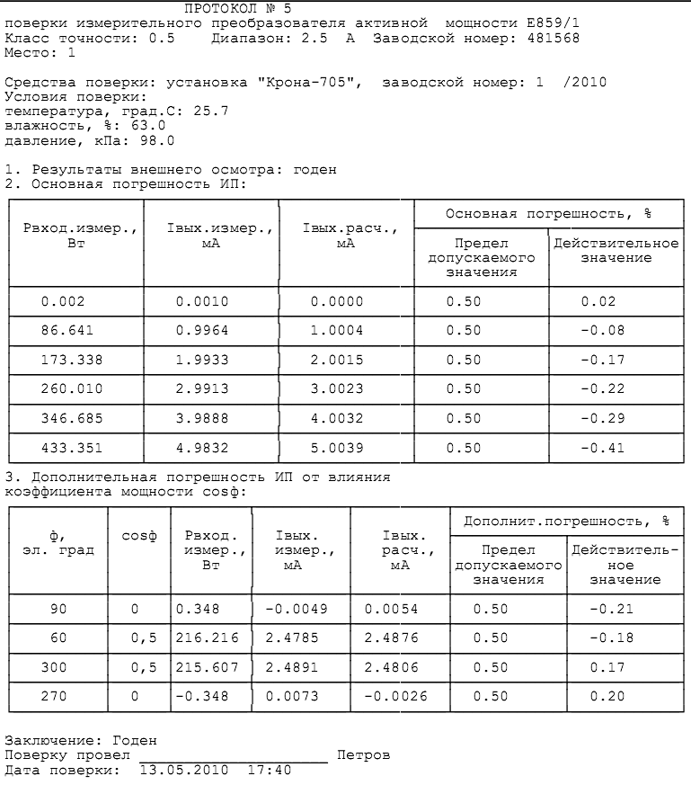 Протокол калибровки образец