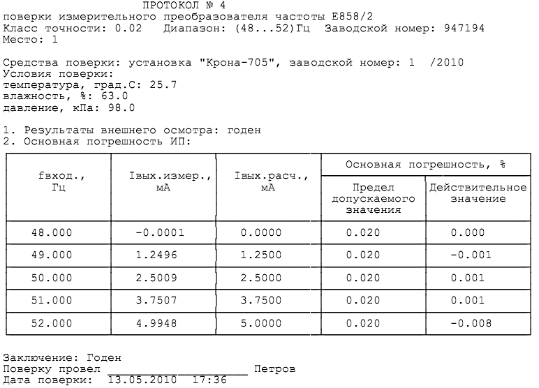 Протокол поверки средств измерений образец